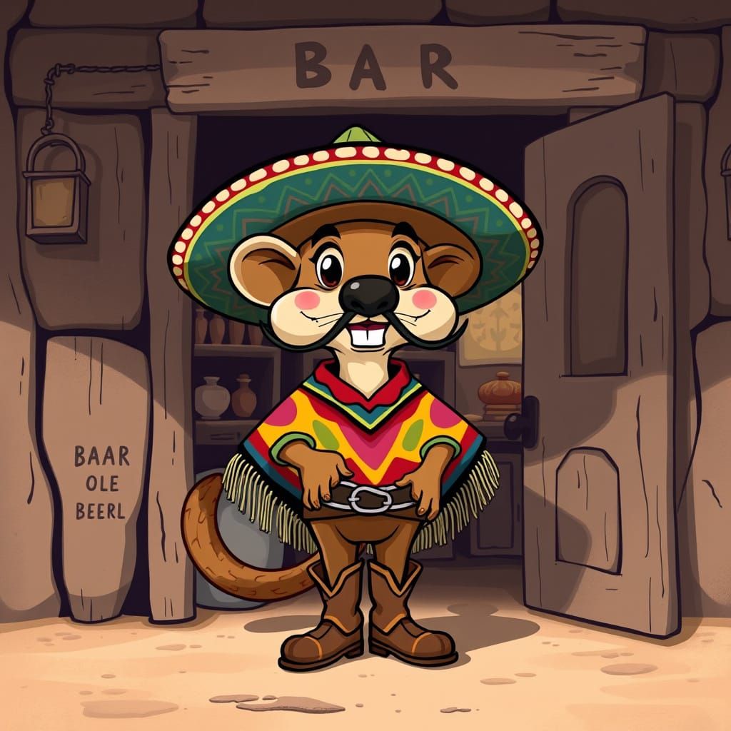 Cartoon Weasel in Sombrero at Western Saloon