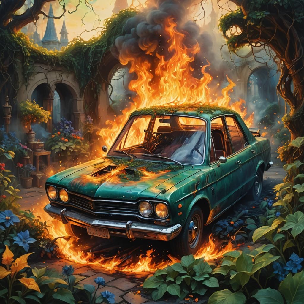 Car Ablaze in Mystical Garden: Fantasy Art