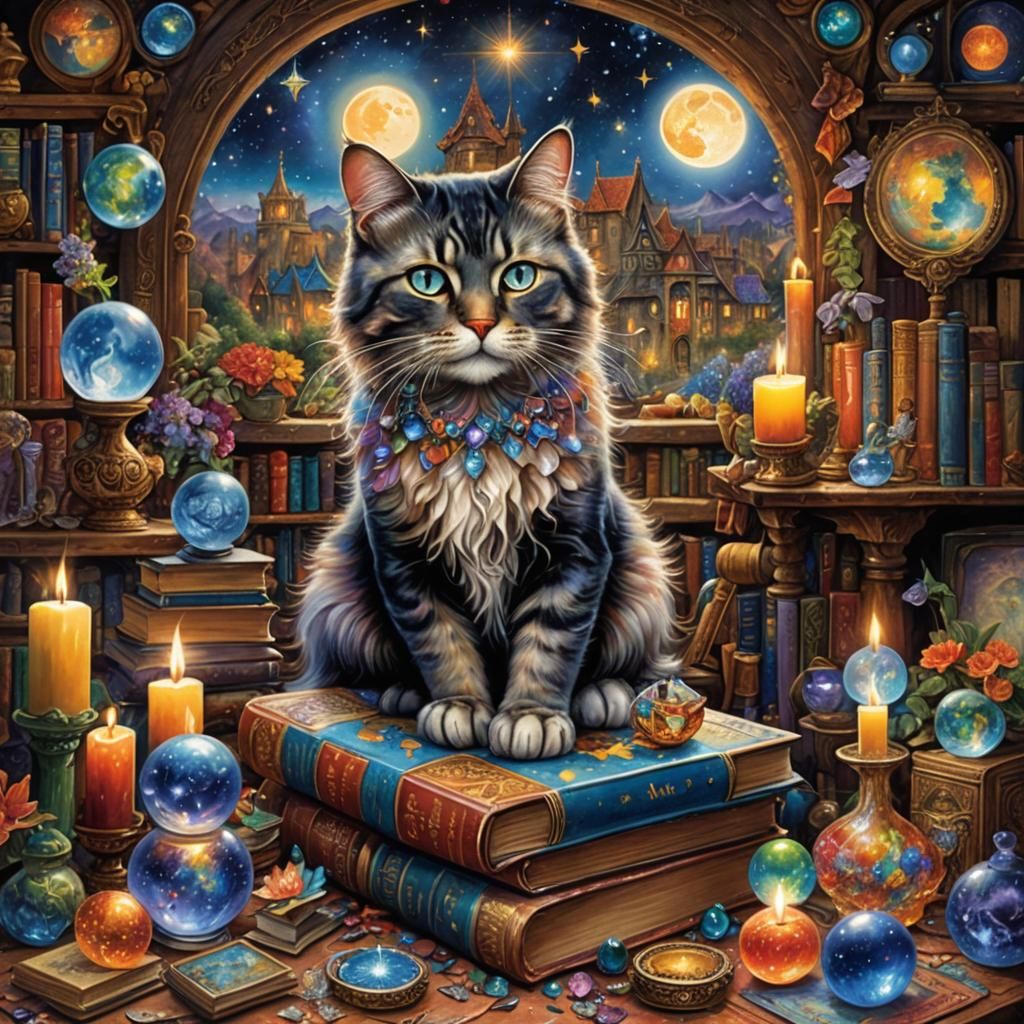 Celestial Cat in Sorcerer's Study: Digital Matte Painting