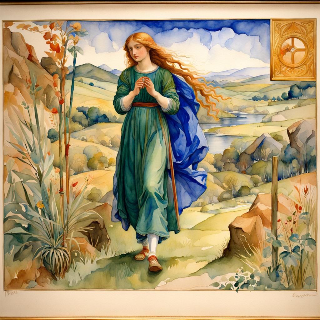 Pre-Raphaelite Watercolor: Figure in Prayer