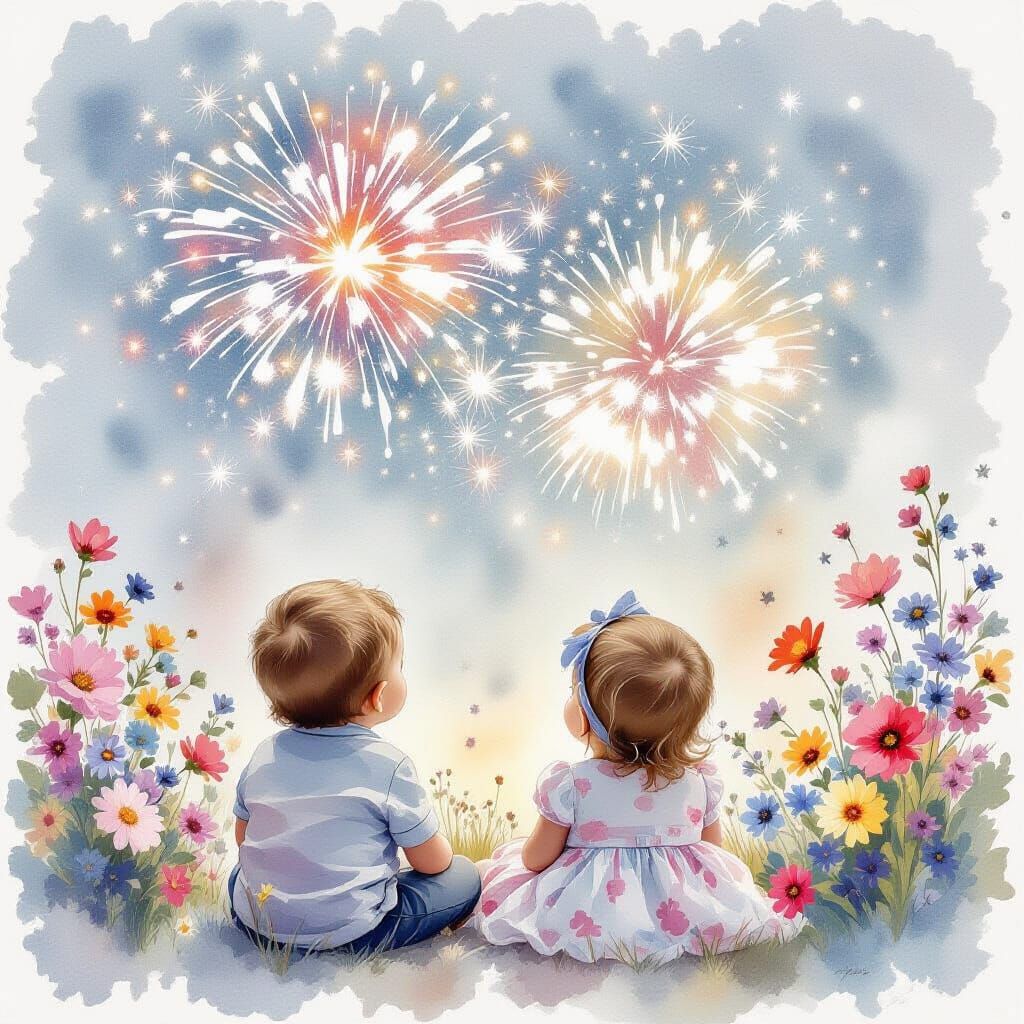 Ethereal Watercolour of Siblings Watching Soft Fireworks