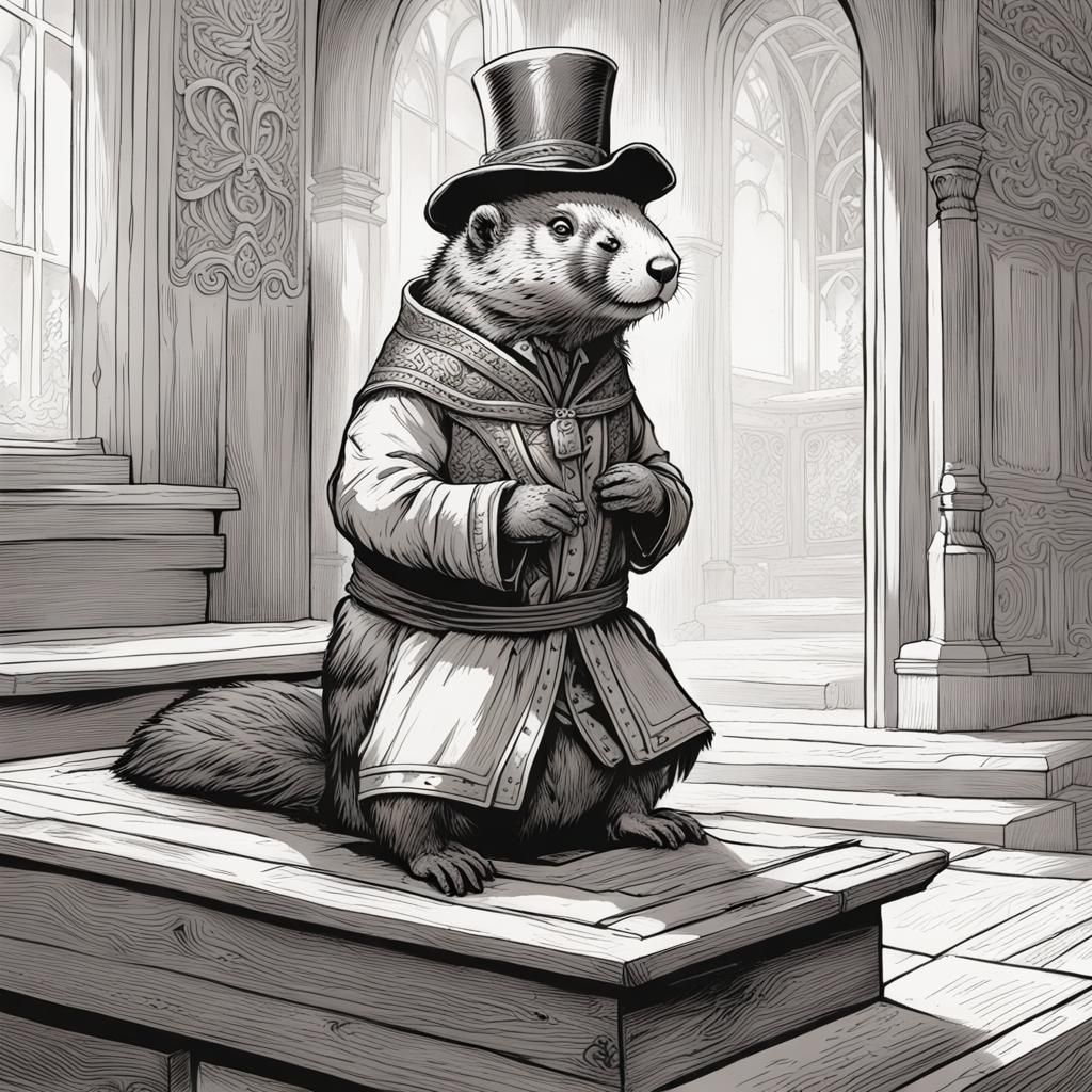 Marmot Carving Saint in Tenniel Style Drawing