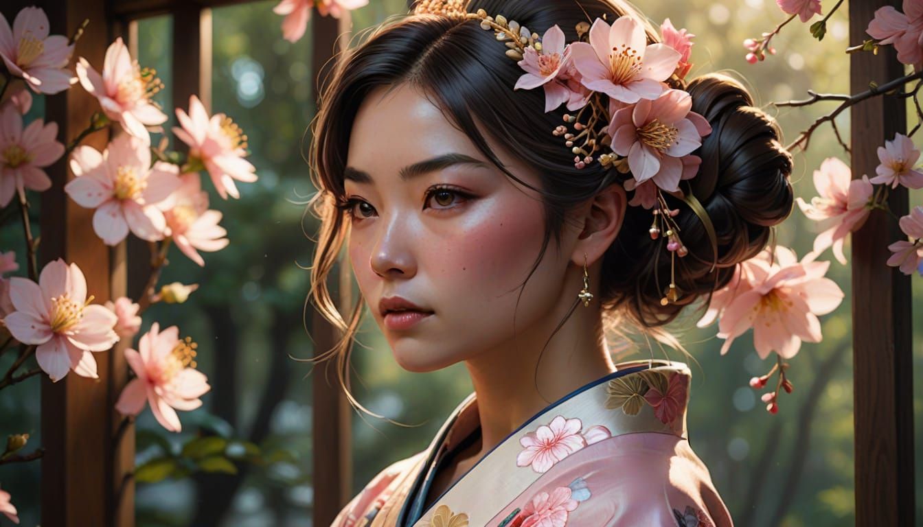 Kimono Portrait with Floral Patterns in Art Nouveau Style