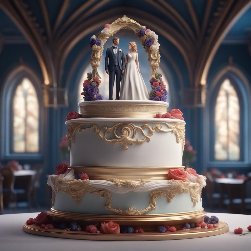 Detailed Wedding Cake with Newlyweds Statue