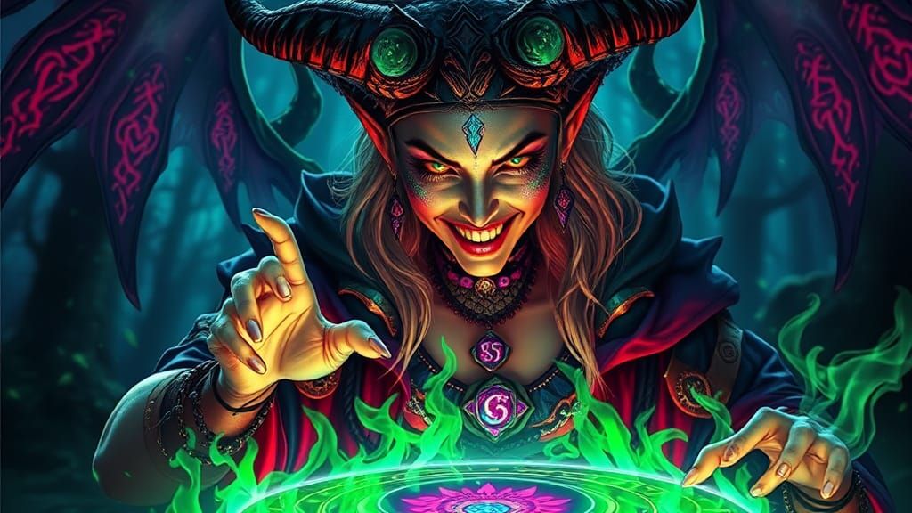 Demonic Sorceress Imbuing Magic in Cyberpunk Style