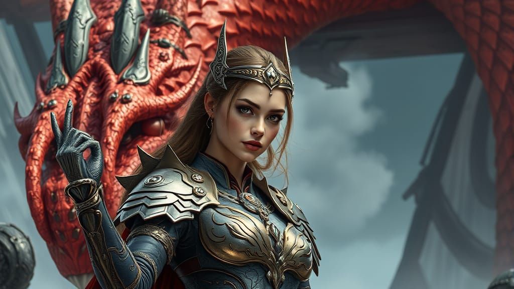 Armored Heroine with Dragon in Sci-Fi Landscape