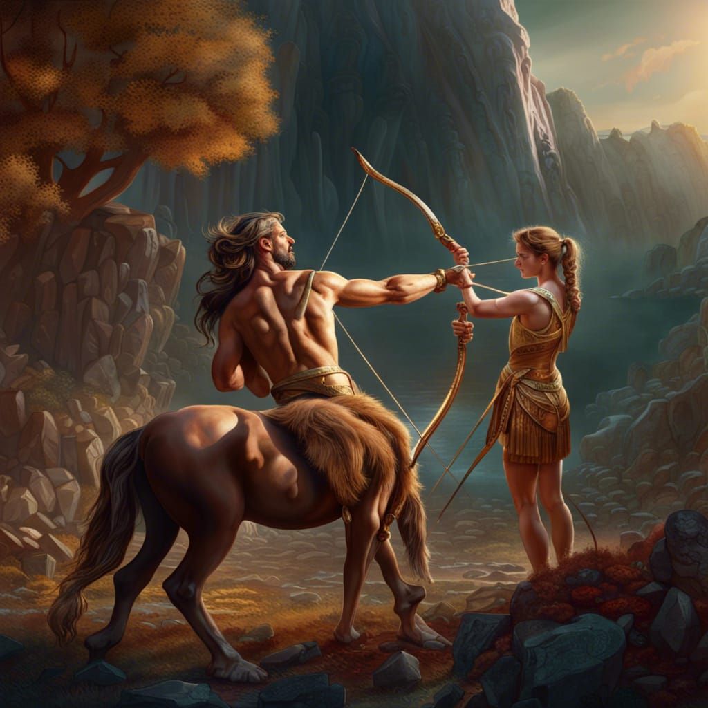 Artemis teaching Chiron how to shoot