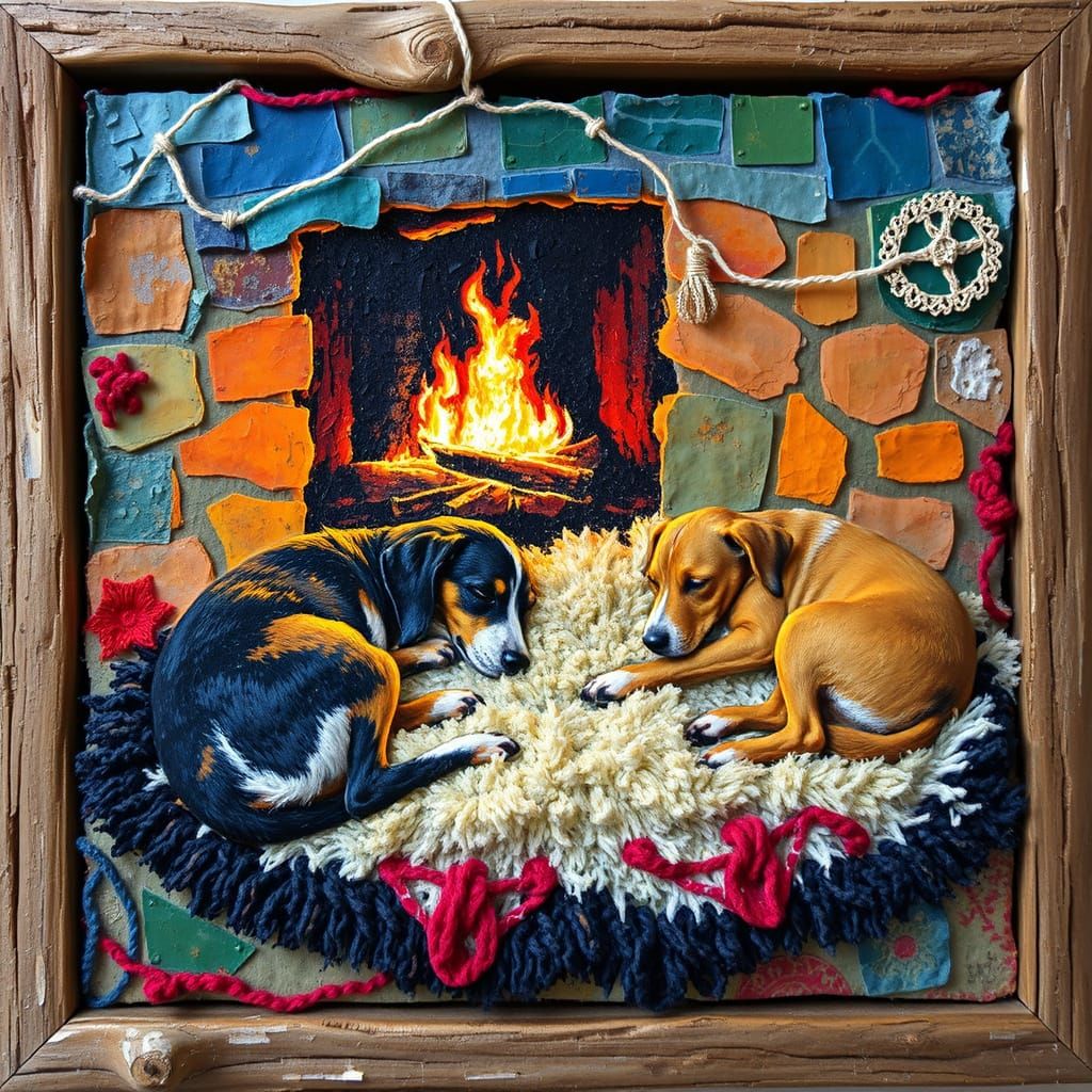 Cozy Dogs Sleeping by Fire in Abstract Impressionist Style