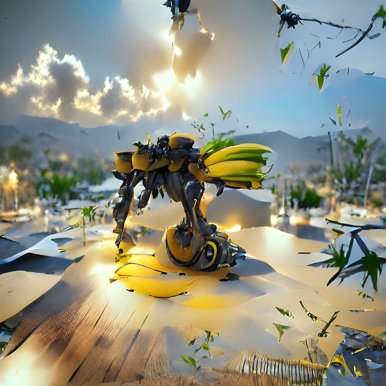 Steampunk Anime Banana Mech on Desert Table