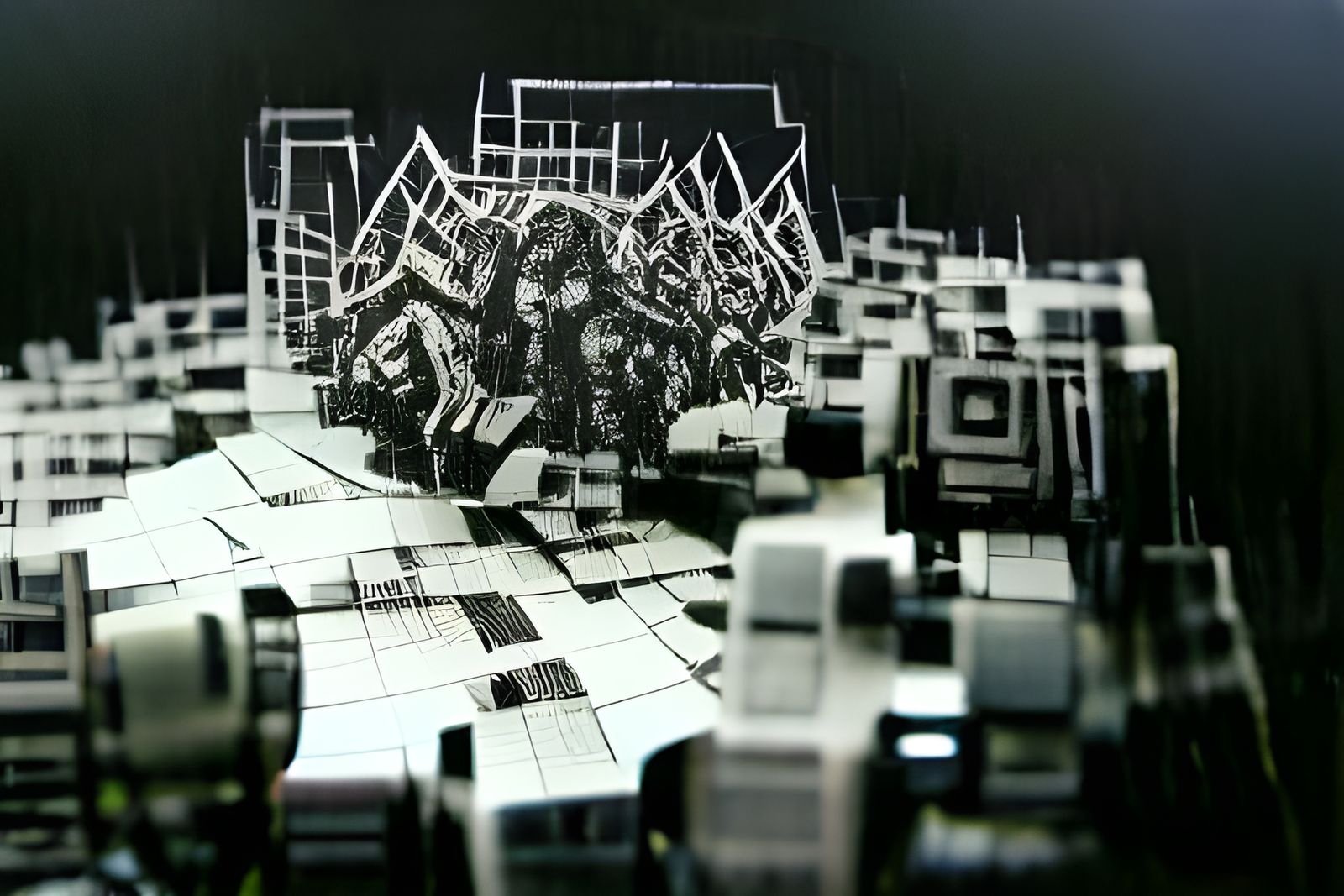 Orthographic Labyrinth Black and White Ink Drawing