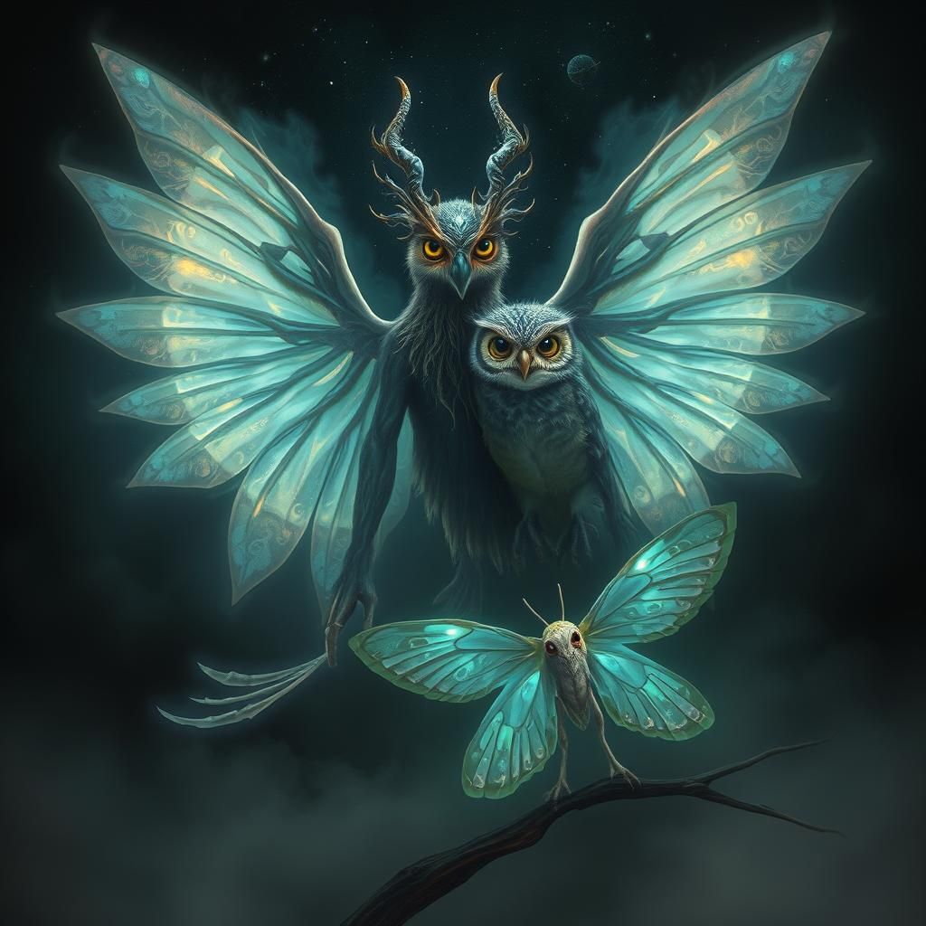 Ethereal Cosmic Owl and Moth in Starless Void