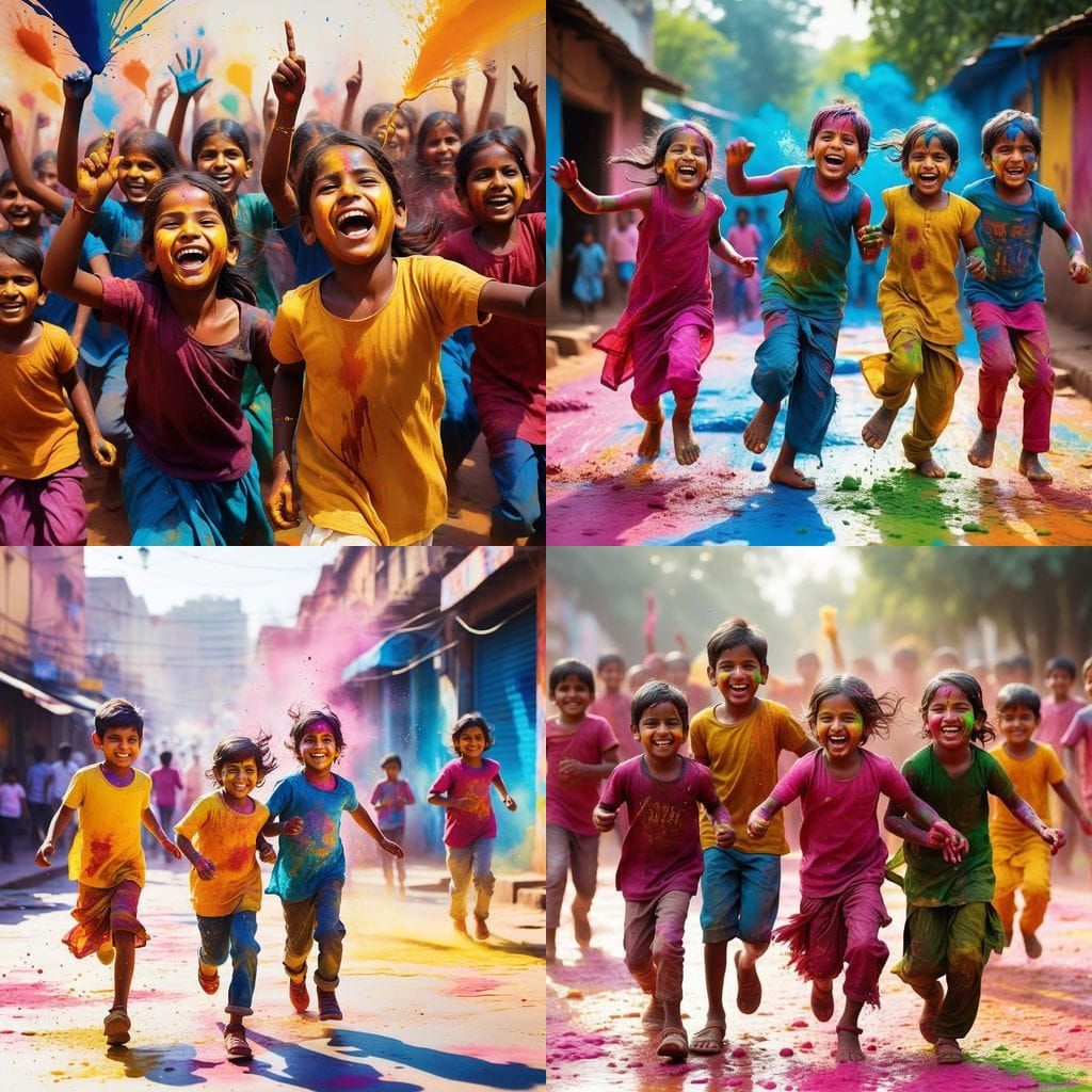 Joyful Indian Children Celebrate Holi Festival in Vibrant Co...