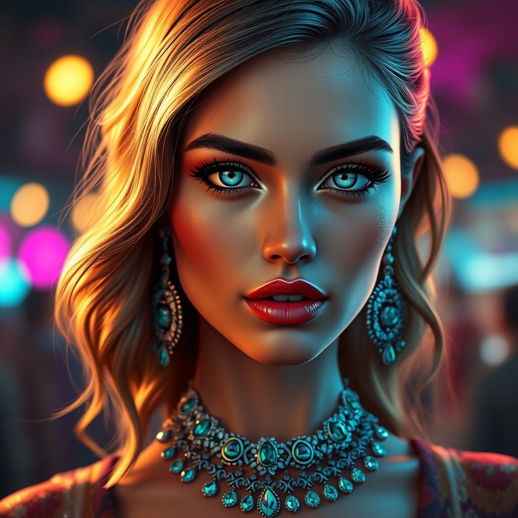 Retro Goddess in Brilliant Blue-Green Eyes, Artistic Digital...