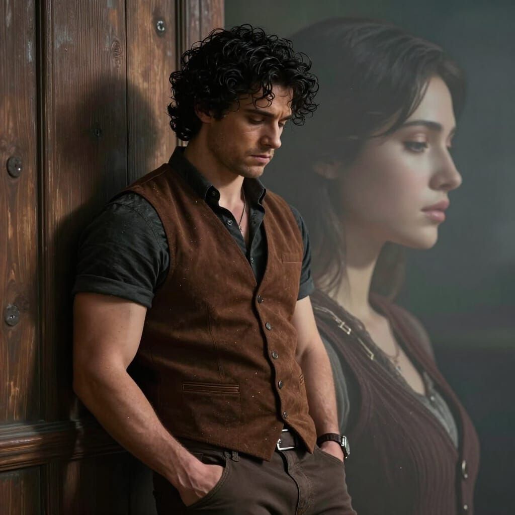 double exposure a muscular man wearing a brown vest and dark shirt, curly black hair, hands in pockets, leaning against ...