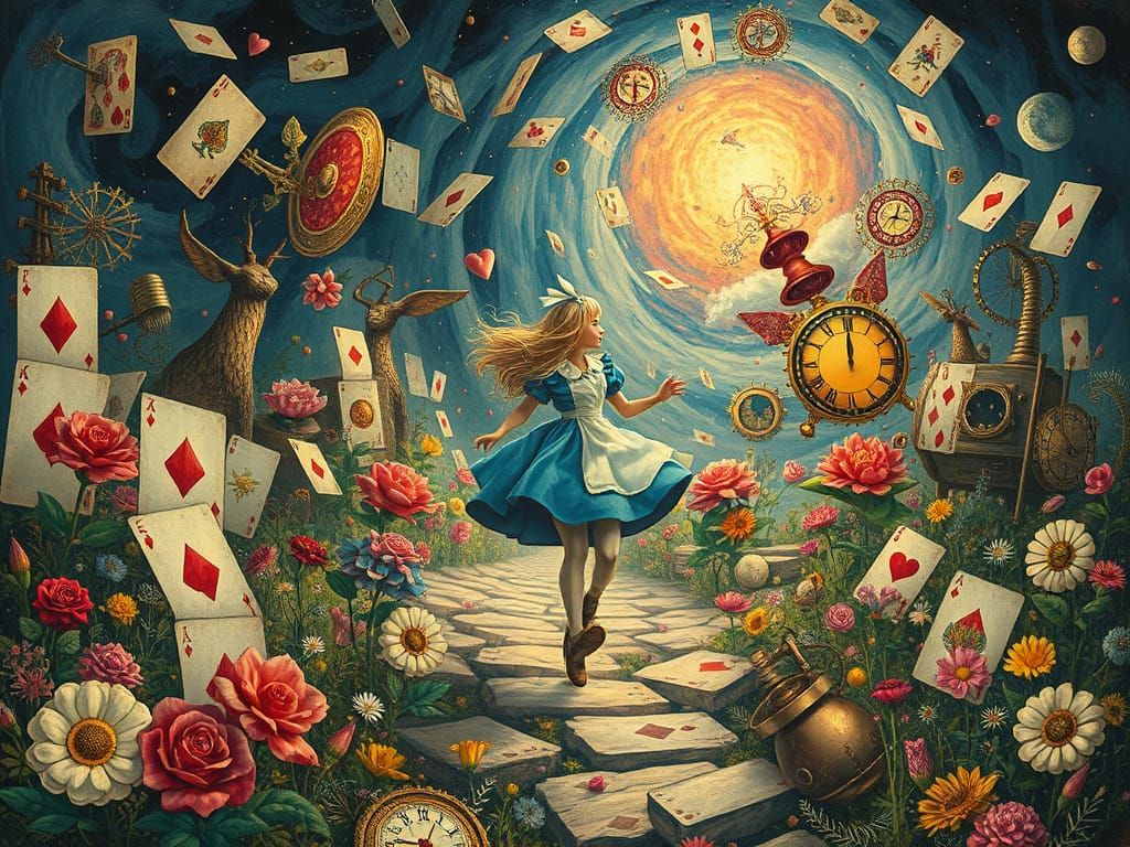 Mysterious Wonderland Escape Scene in Vibrant Watercolor Sty...