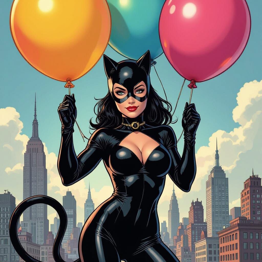 Black Cat Character Holds Giant Birthday Balloon Over City