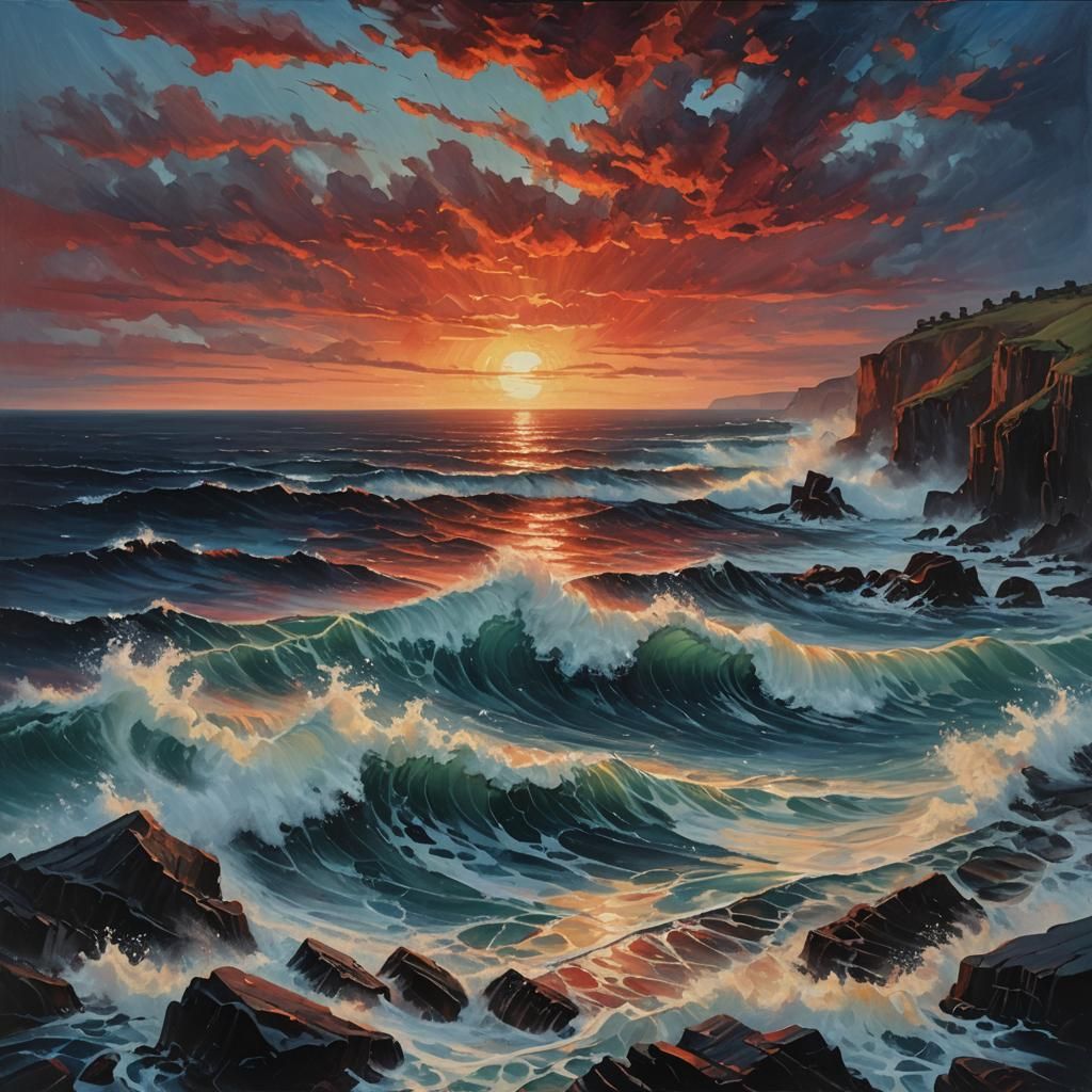 Crimson Sunset: Waves Crashing in Art Nouveau Oil Painting