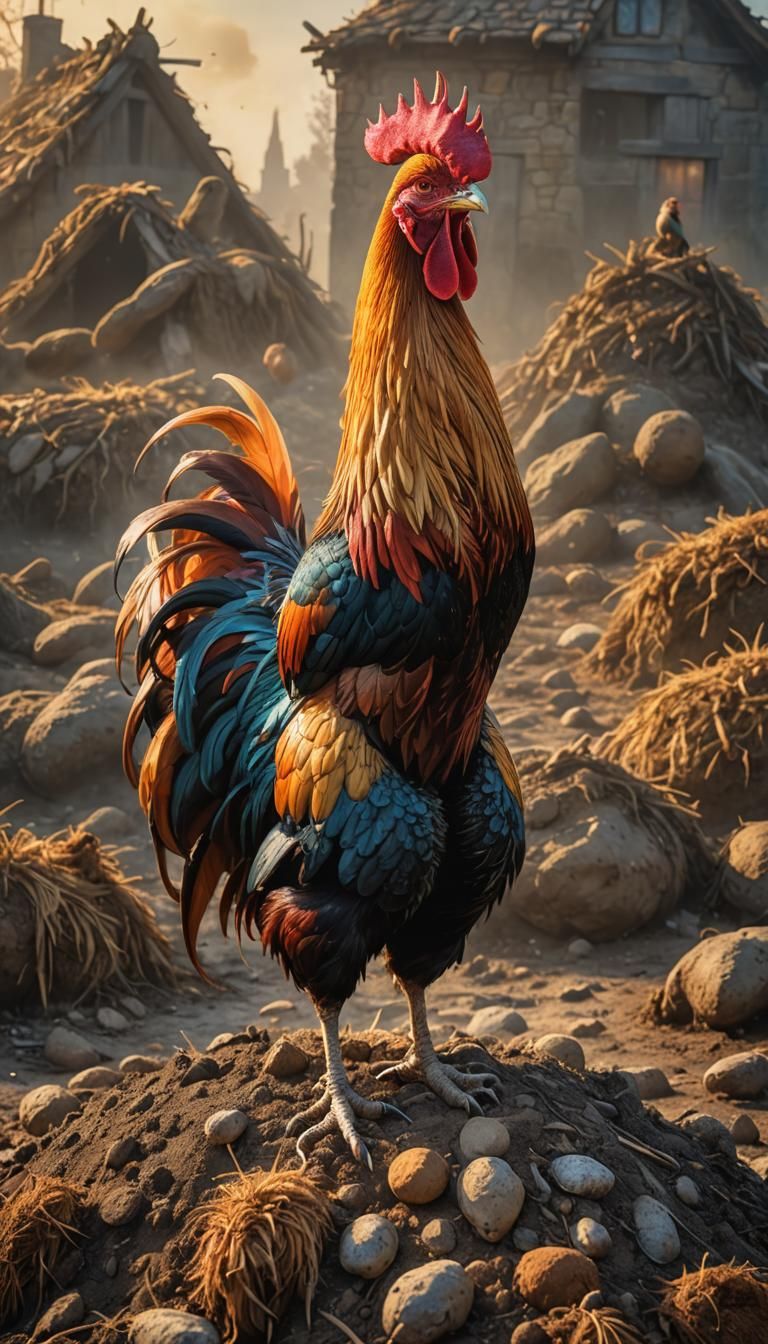 Colorful Rooster on Dung Heap in Surrealist Style