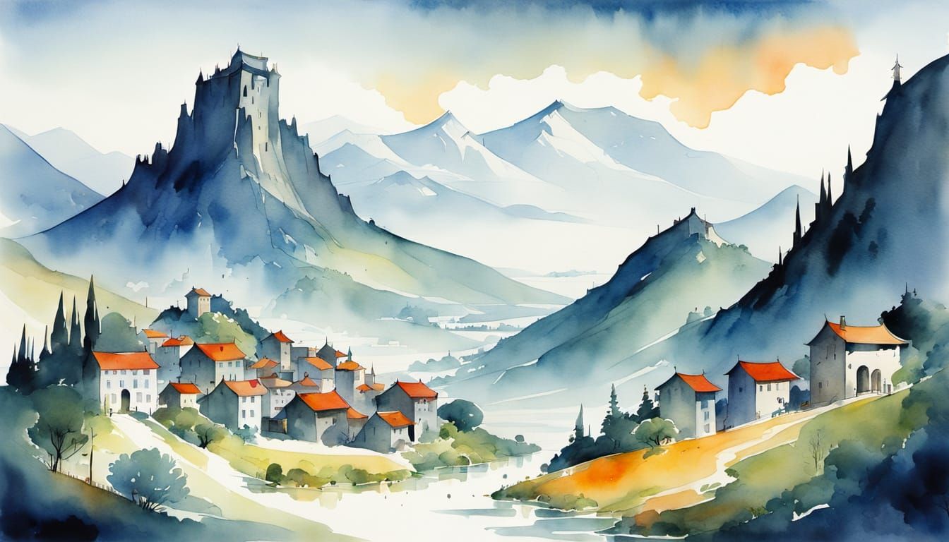 Whimsical Watercolor Cityscape in Mountains
