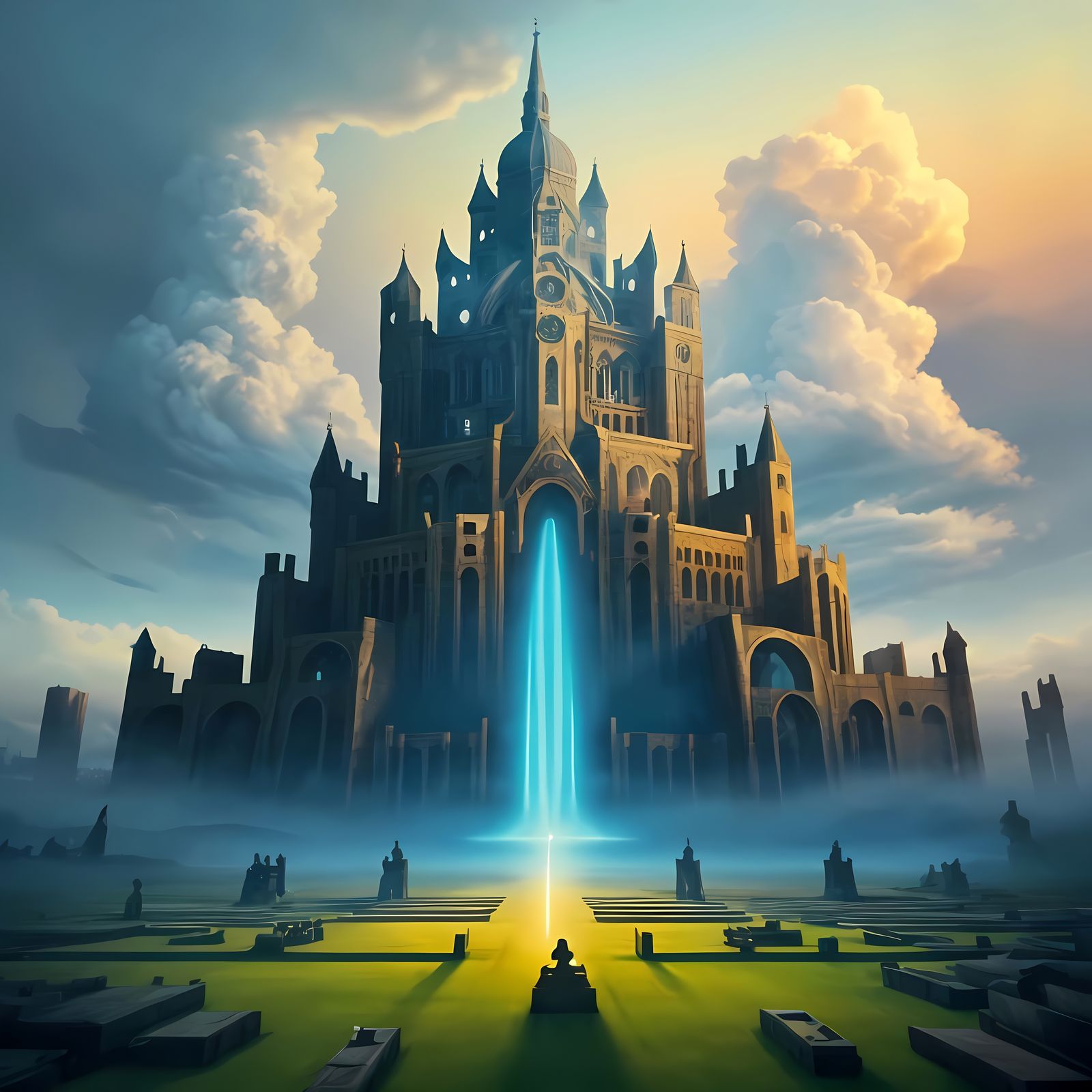 Floating Library with Ghostly Scholars in Surreal Style