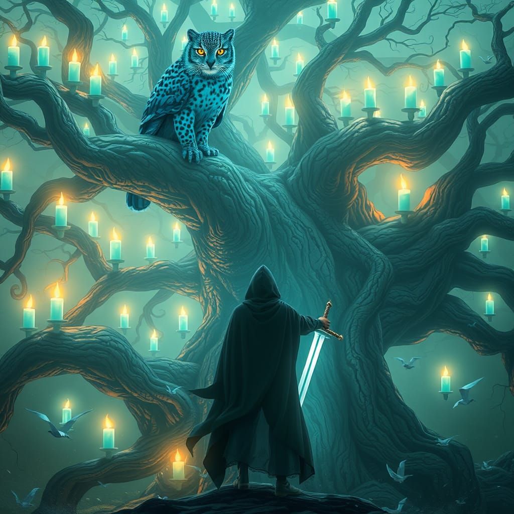 Owl-Leopard Deity in Dreamy Miyazaki-Style Landscape