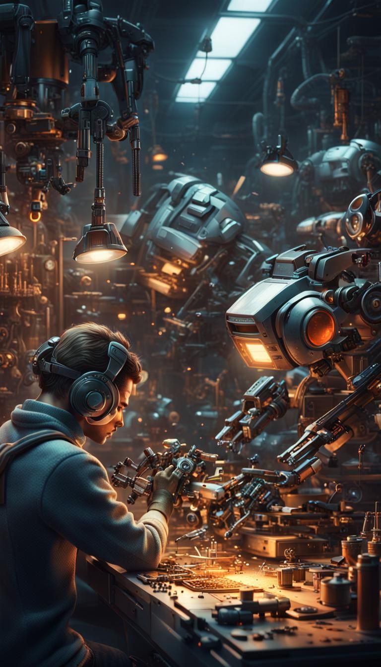 Sci-Fi Mechanics Building Robots in Futuristic Workshop