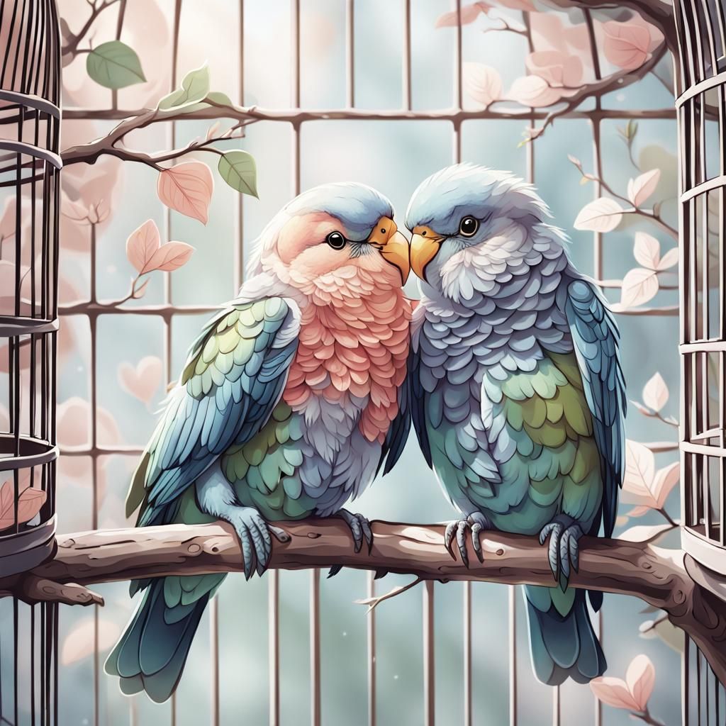 Love Birds Snuggling in Cage: Anime Comic Style