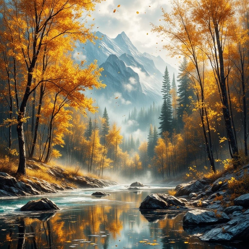 Oil Painting Of Columbia River Gorge In Fall