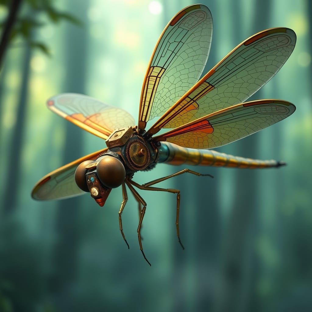 Steampunk Dragonfly in Misty Forest: Hyperrealistic Art