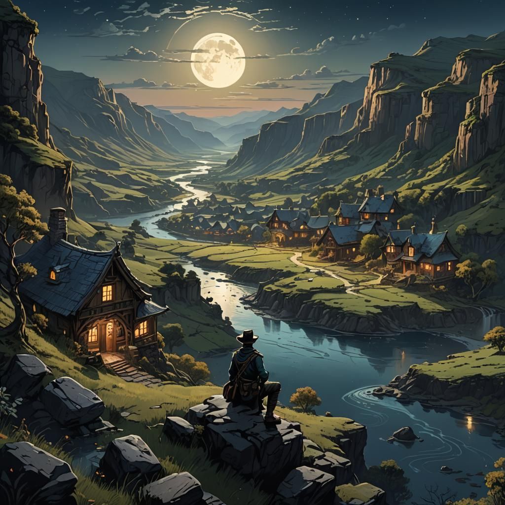 Ranger Gazing at Moonlit Valley in Fantasy Art