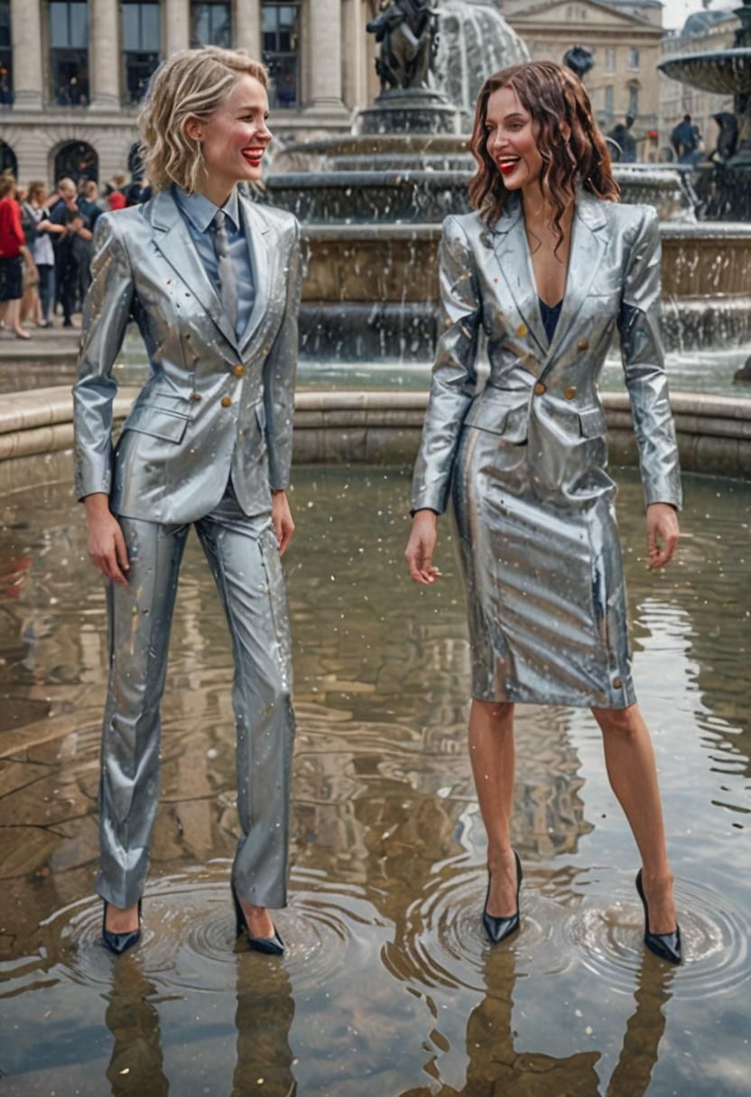 Glamorous Women in Trafalgar Square Fountain