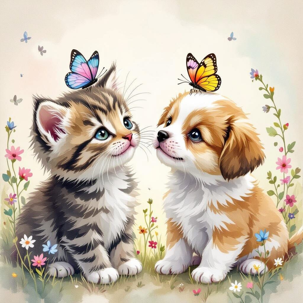 Kittens, Puppies, and Butterflies in Watercolor