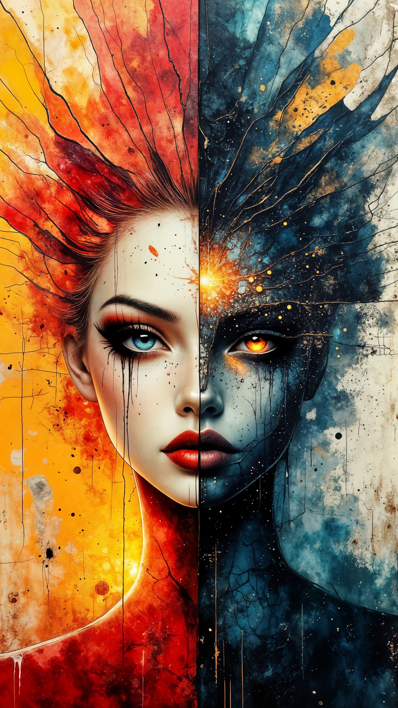 Split Face: Sunset Harmony Meets Cyberpunk Dystopia