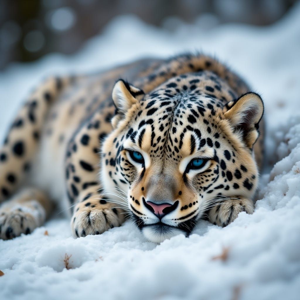 Cute Snow Leopard Sleeping on Snow, Photorealistic