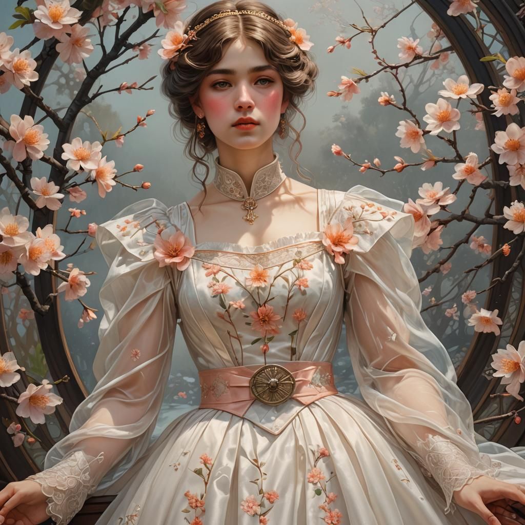 Elegant Hyperrealistic Portrait of Woman in Embroidered Gown