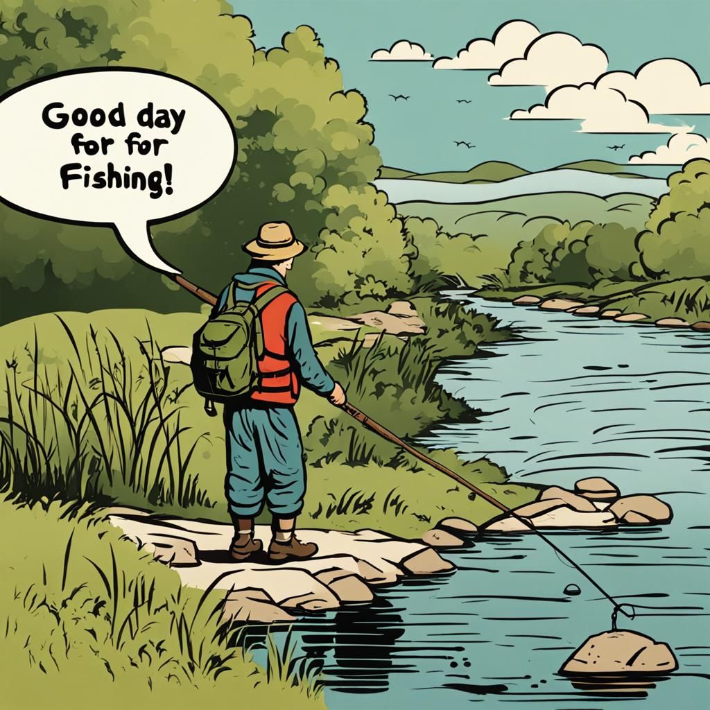 Fisherman Walking by River with Speech Bubble