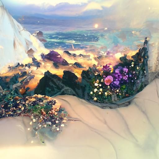Ethereal Landscape with Mountains, Sea and Flowers