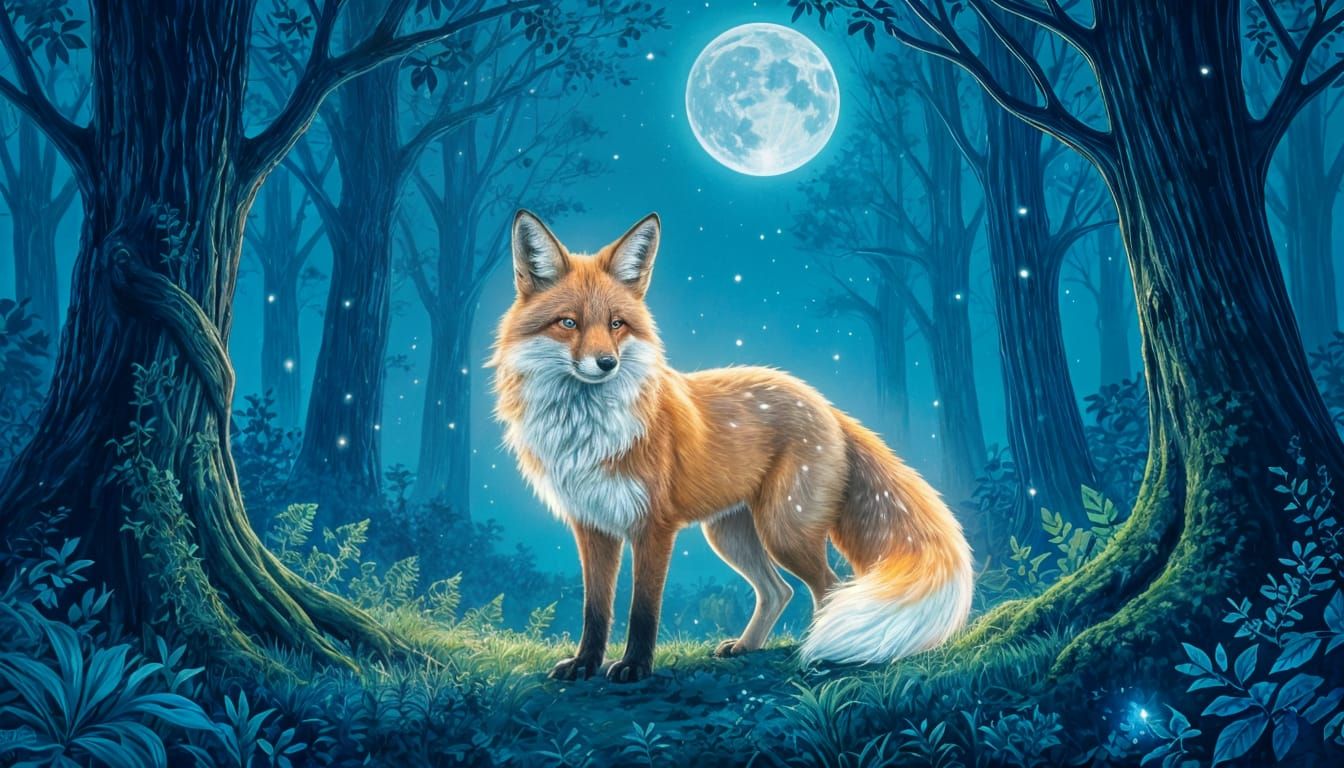 Starlight Fox in Moonlit Forest, Art Nouveau Style
