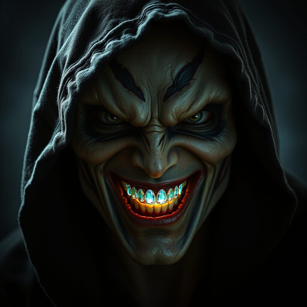 Evil Smirk with Sapphire Teeth in Eerie Portrait