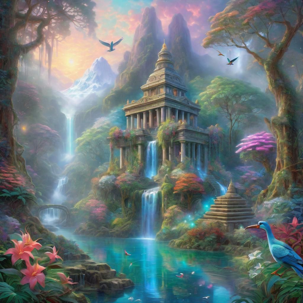 Ethereal Rainforest Temple with Waterfall in Astral Style