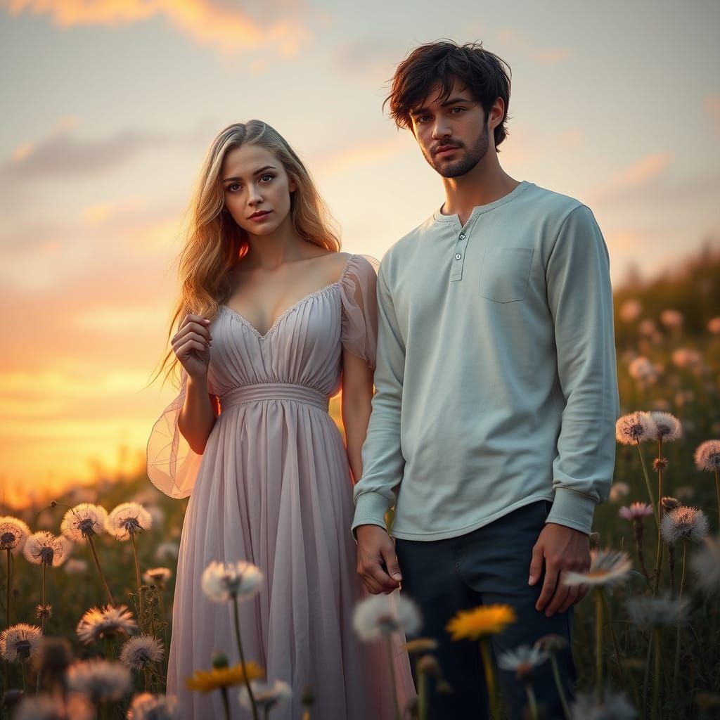 Dreamy Sunset Couple in Dandelion Field