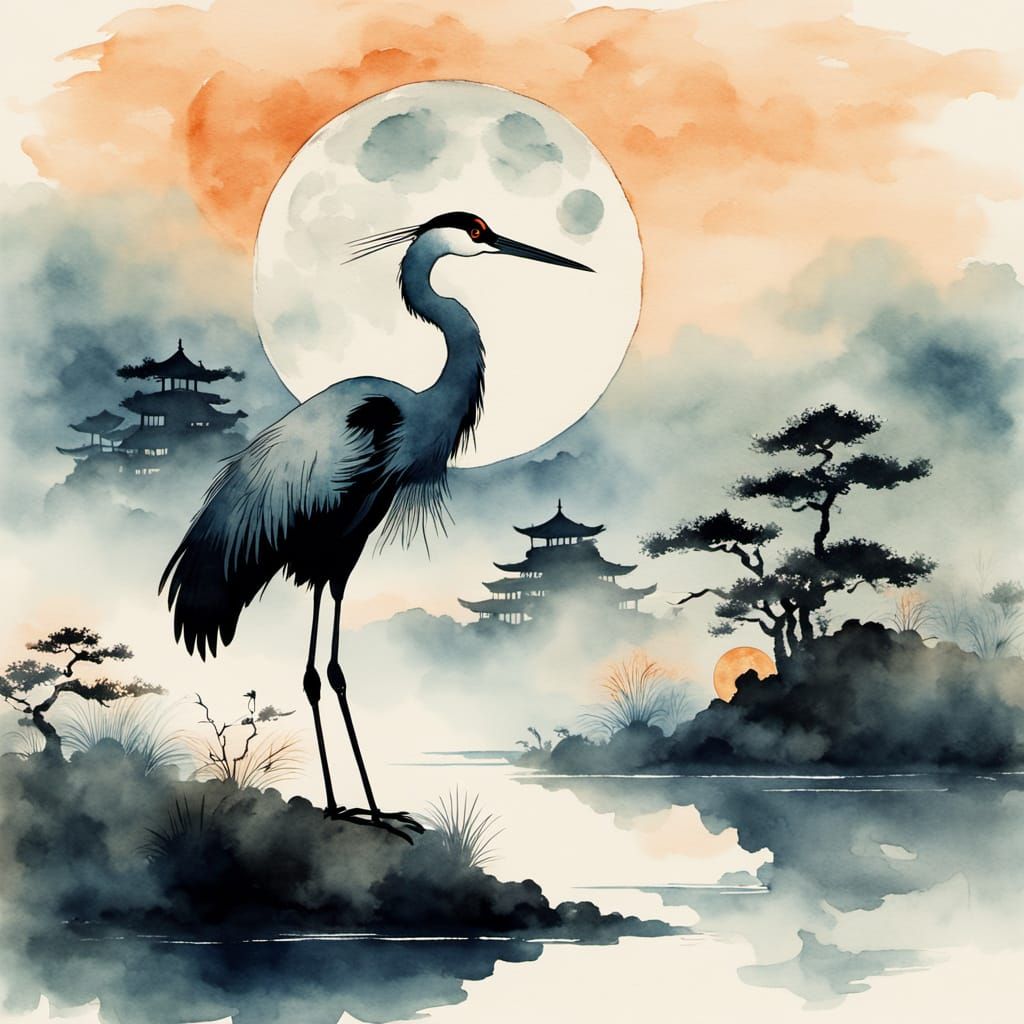 Crane Silhouette over Moon in Japanese Watercolour Style