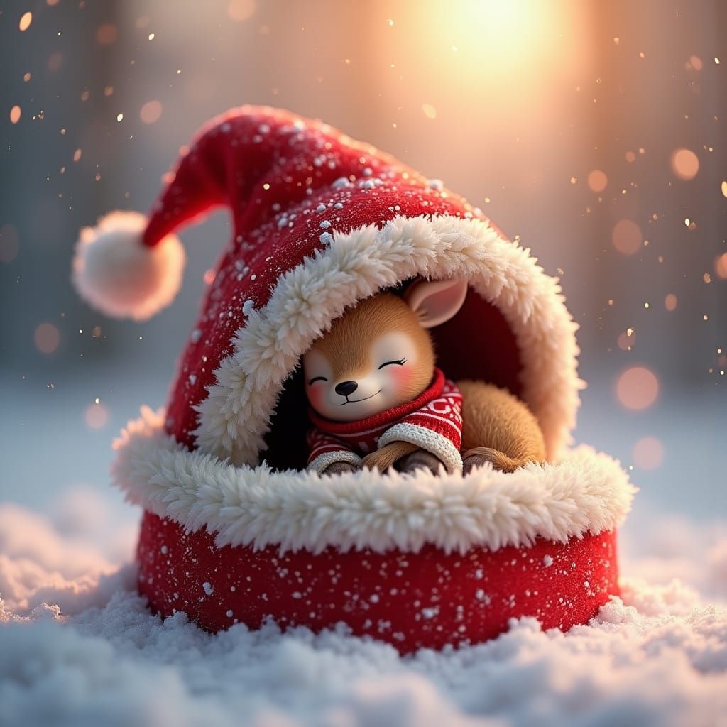 Sleeping Reindeer in Santa Hat: 3D Digital Art