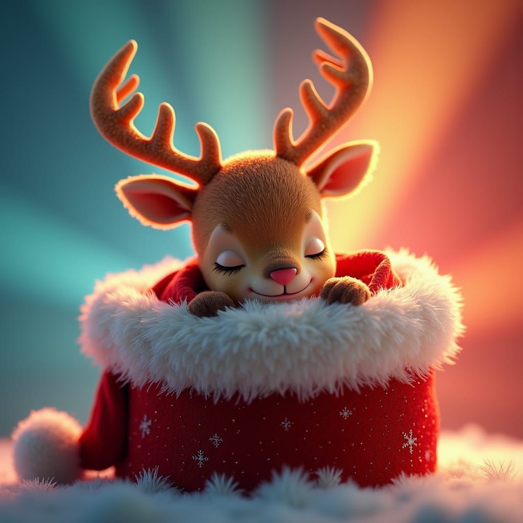 Cute Reindeer Sleeping in Santa Hat: 3D Render