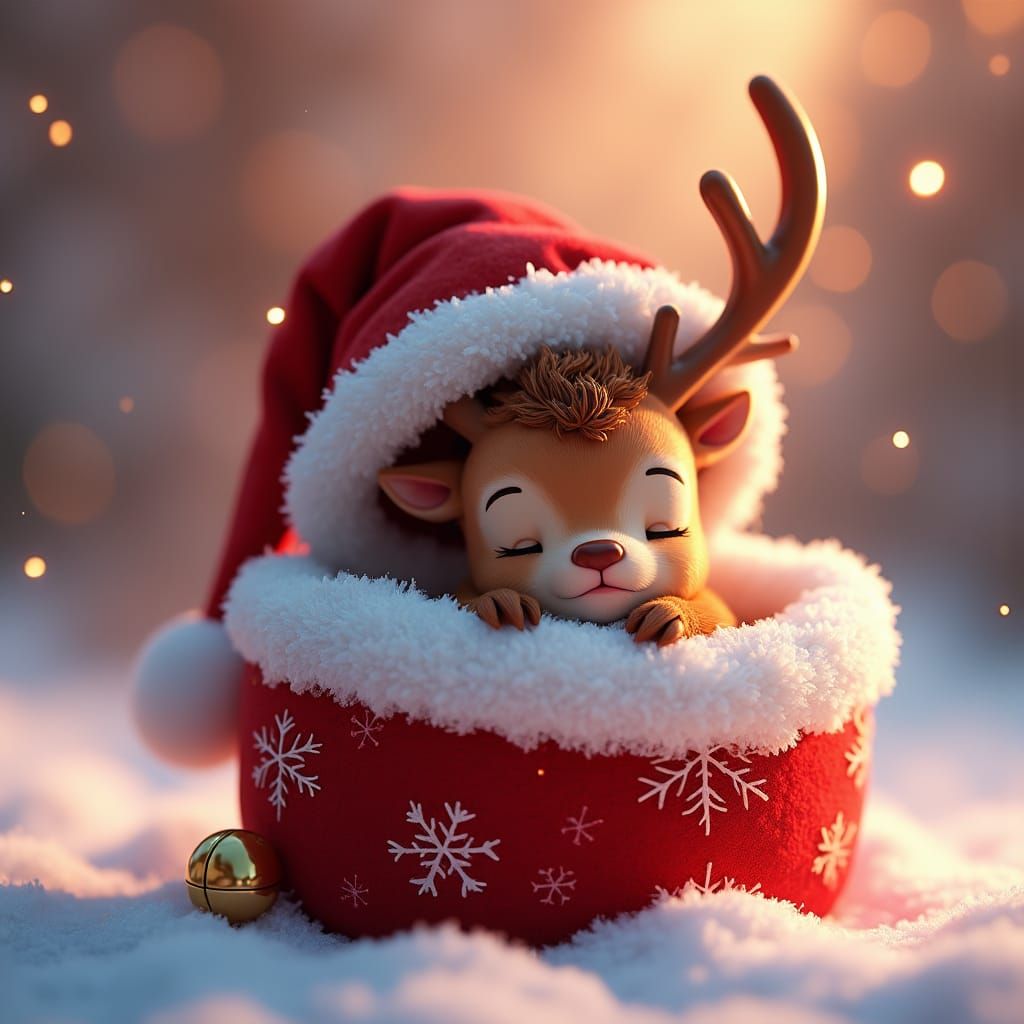 Reindeer Snuggled in Santa Hat: 3D Digital Art