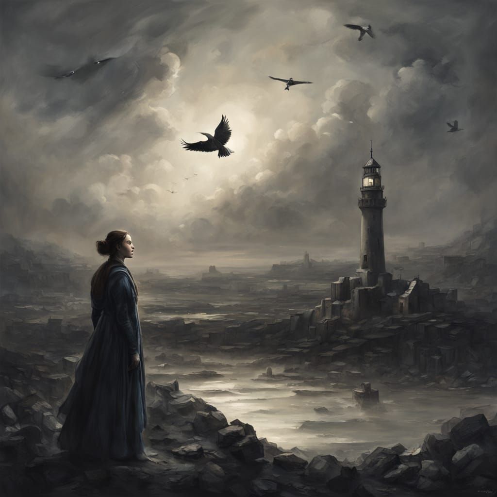 Gothic Lighthouse Towers Over Dystopian City in Chiaroscuro