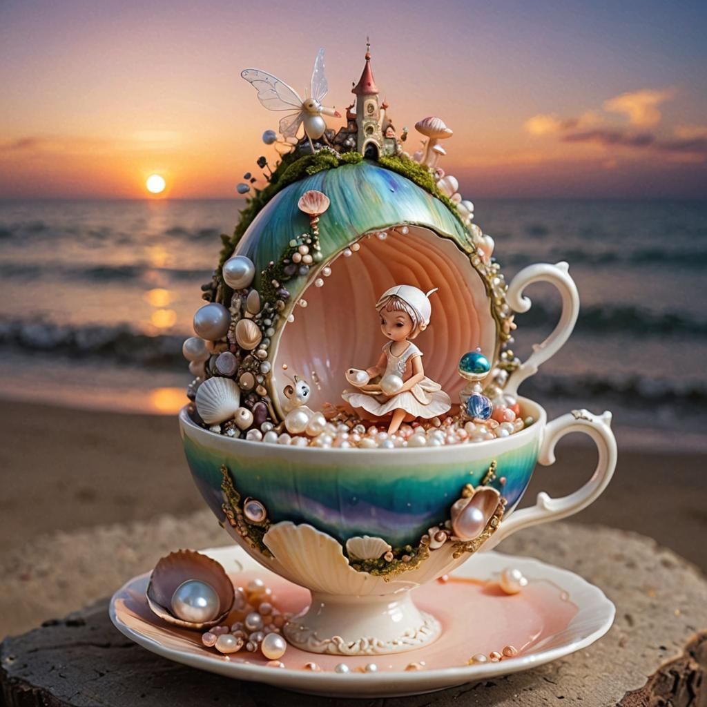 Fairy Tale Scene Inside Teacup at Sunset