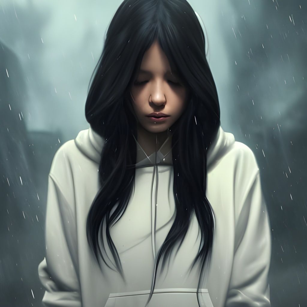Girl in Hoodie During Storm, Detailed Digital Art