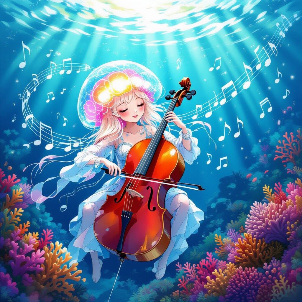 Jellyfish Cellist in Dreamy Coral Reef Watercolor
