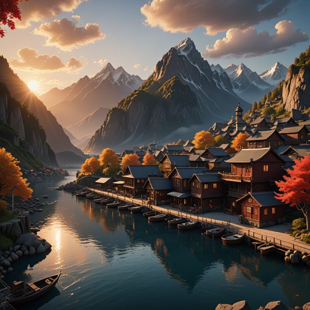 Surreal Sunset Harbor in Epic Mountain Landscape